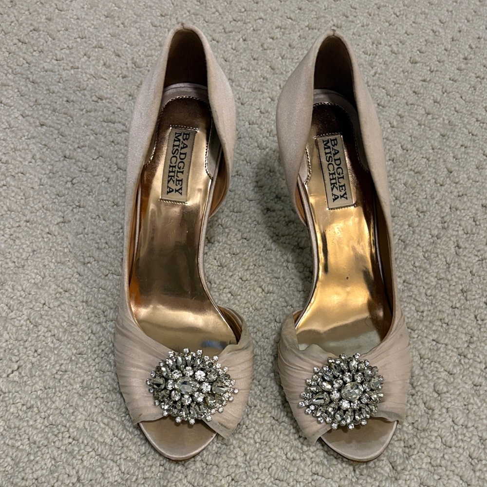 Badgley Mischka Beige Embellished Peep-Toe Heels 8.5